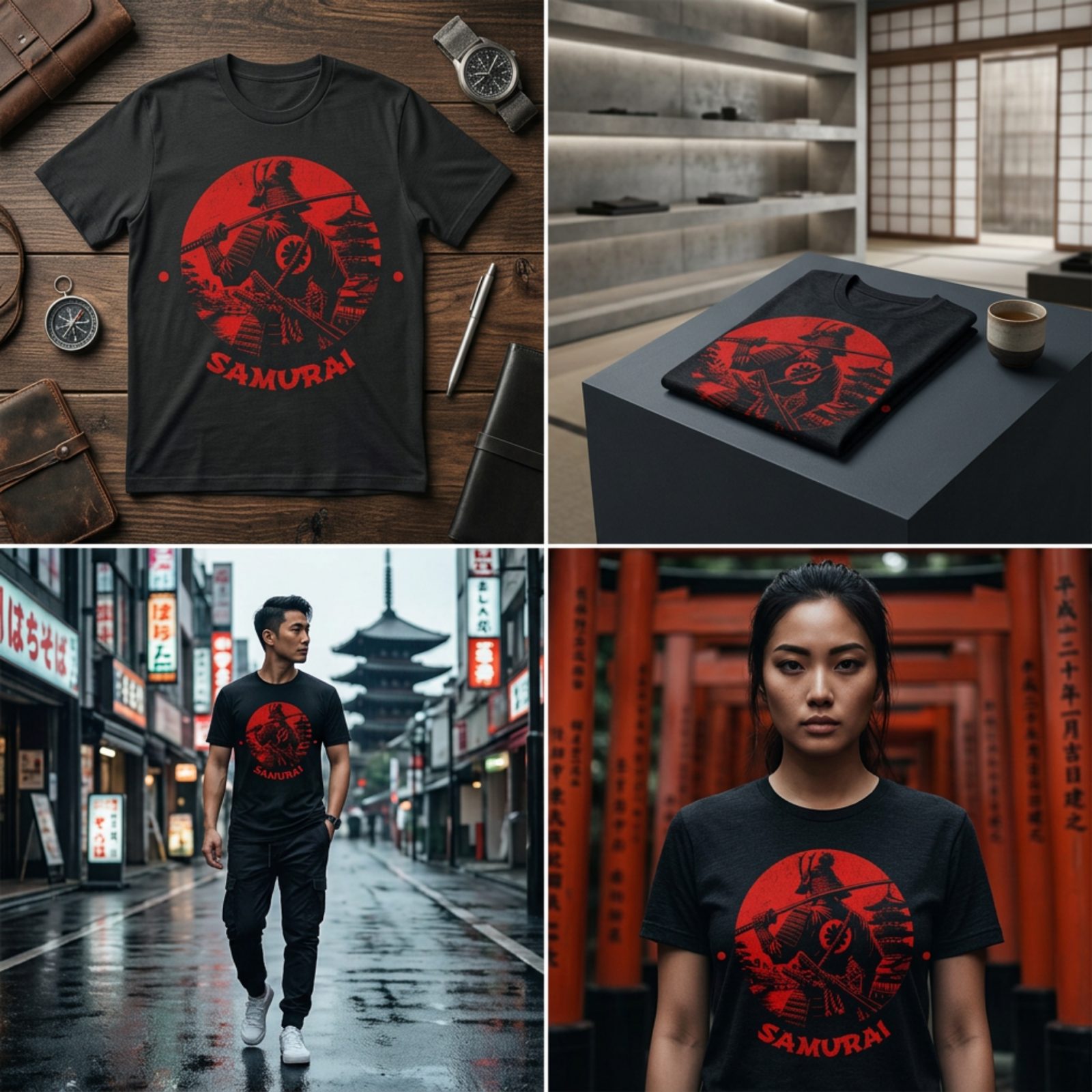 T'DAA Samurai graphic tee, worn on a Tokyo street